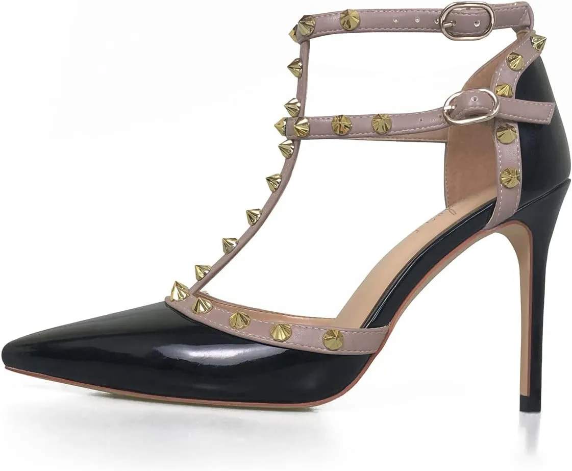 iadore Vegan Shoes 10 cm/3.94 inch Rivet Pearl Sandals for Women Party Ankle T Strap Sexy Ladies Studded Pumps Heeled Sandals