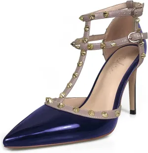 iadore Vegan Shoes 10 cm/3.94 inch Rivet Pearl Sandals for Women Party Ankle T Strap Sexy Ladies Studded Pumps Heeled Sandals