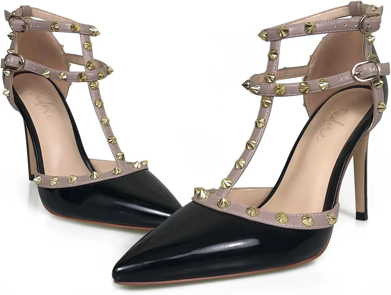 iadore Vegan Shoes 10 cm/3.94 inch Rivet Pearl Sandals for Women Party Ankle T Strap Sexy Ladies Studded Pumps Heeled Sandals