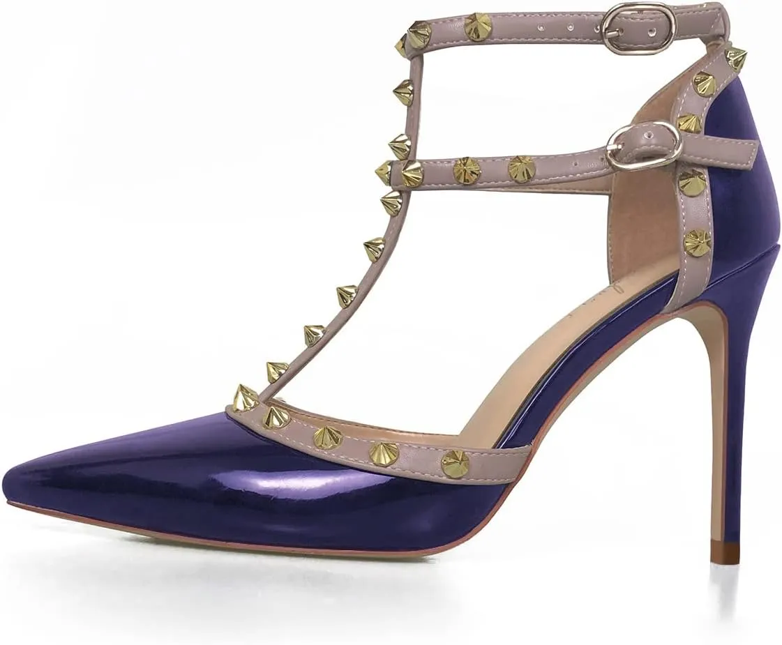 iadore Vegan Shoes 10 cm/3.94 inch Rivet Pearl Sandals for Women Party Ankle T Strap Sexy Ladies Studded Pumps Heeled Sandals