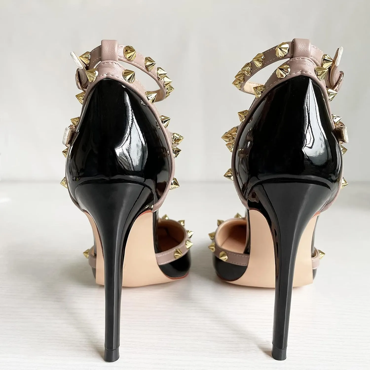 iadore Vegan Shoes 10 cm/3.94 inch Rivet Pearl Sandals for Women Party Ankle T Strap Sexy Ladies Studded Pumps Heeled Sandals