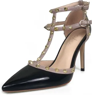 iadore Vegan Shoes 10 cm/3.94 inch Rivet Pearl Sandals for Women Party Ankle T Strap Sexy Ladies Studded Pumps Heeled Sandals