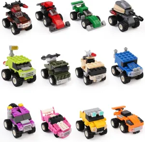 IAMGlobal 12 Mini Pull Back Cars Building Blocks Toy Set, Trucks Toy Vehicles Set Stem Toys, Party Supplies Gifts Party Favor for Kids, Goodie Bags, Birthday, Carnival Prizes
