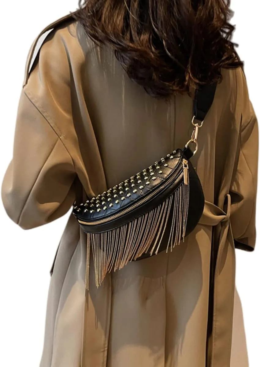 IAMUHI Women Vegan Leather Cross Chest Bag Rivets Fringed Shoulder Handbag Purse Waist Bag,Gold Tassel