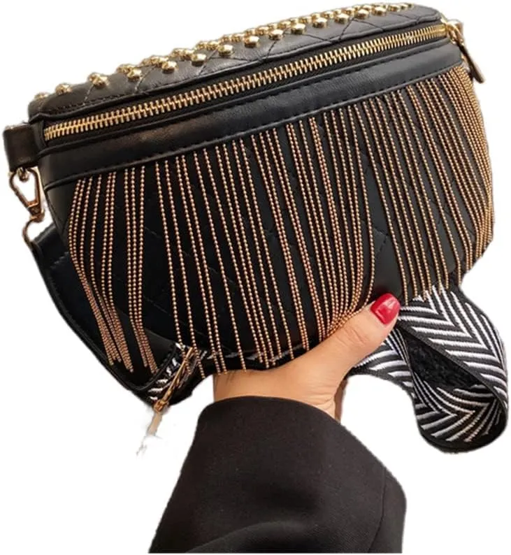IAMUHI Women Vegan Leather Cross Chest Bag Rivets Fringed Shoulder Handbag Purse Waist Bag,Gold Tassel