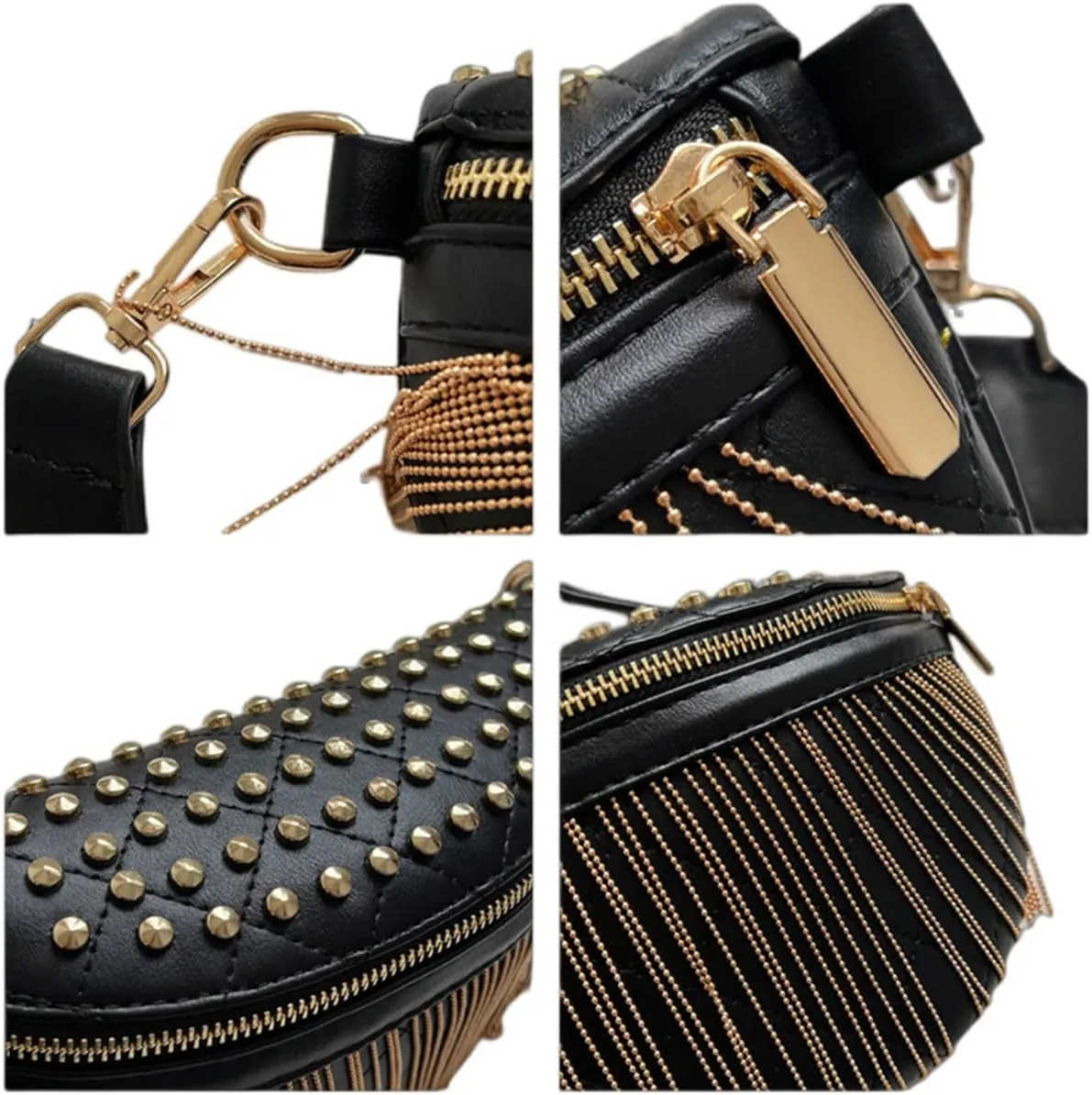 IAMUHI Women Vegan Leather Cross Chest Bag Rivets Fringed Shoulder Handbag Purse Waist Bag,Gold Tassel