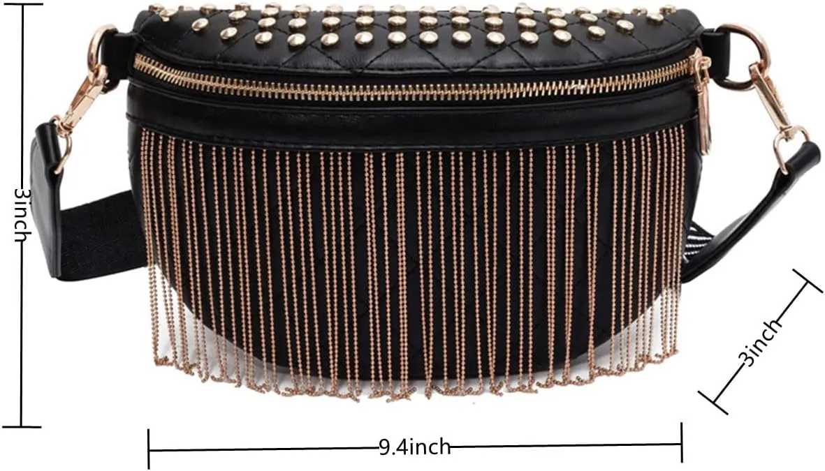 IAMUHI Women Vegan Leather Cross Chest Bag Rivets Fringed Shoulder Handbag Purse Waist Bag,Gold Tassel