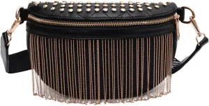 IAMUHI Women Vegan Leather Cross Chest Bag Rivets Fringed Shoulder Handbag Purse Waist Bag,Gold Tassel