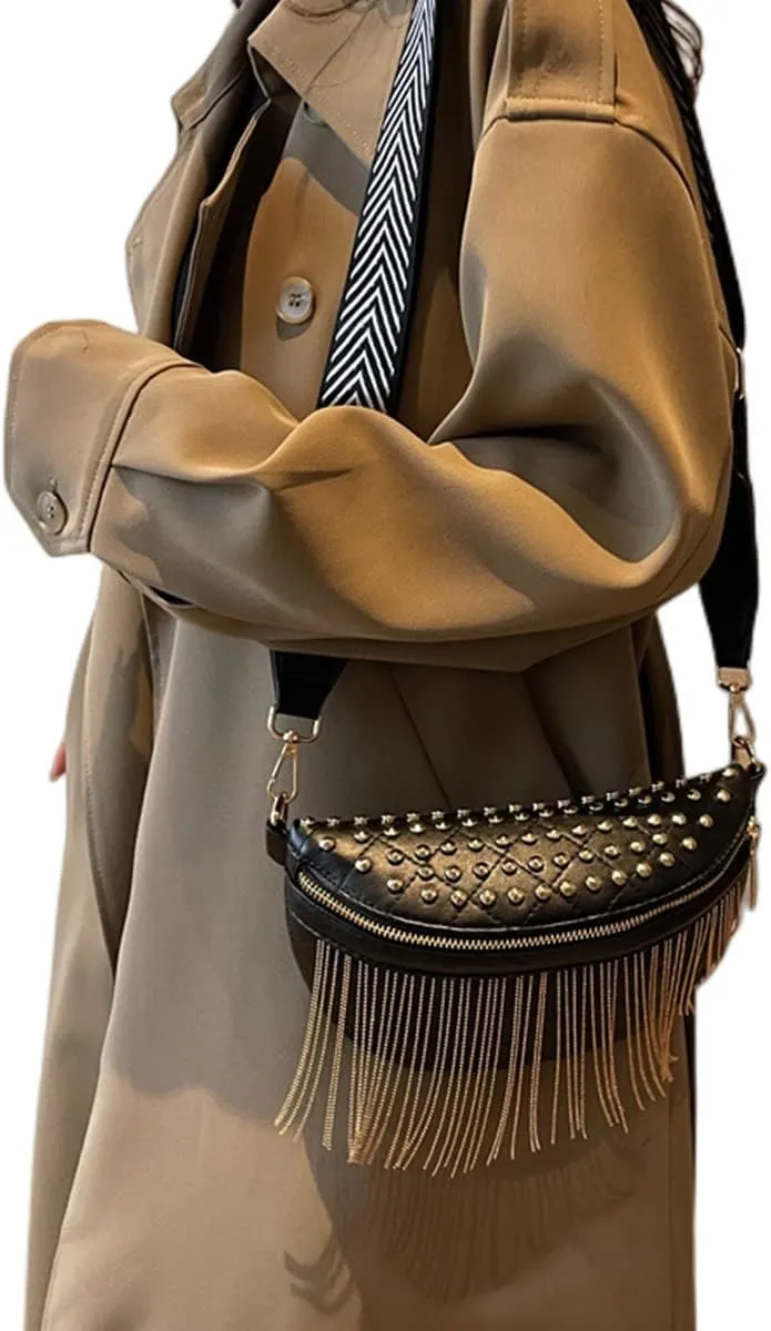 IAMUHI Women Vegan Leather Cross Chest Bag Rivets Fringed Shoulder Handbag Purse Waist Bag,Gold Tassel