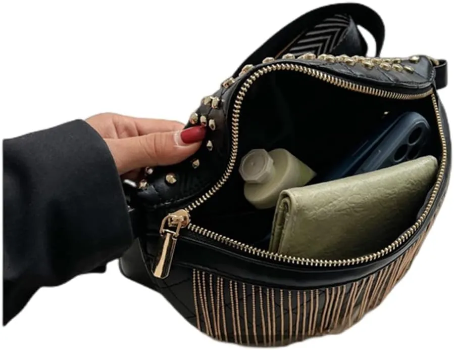 IAMUHI Women Vegan Leather Cross Chest Bag Rivets Fringed Shoulder Handbag Purse Waist Bag,Gold Tassel