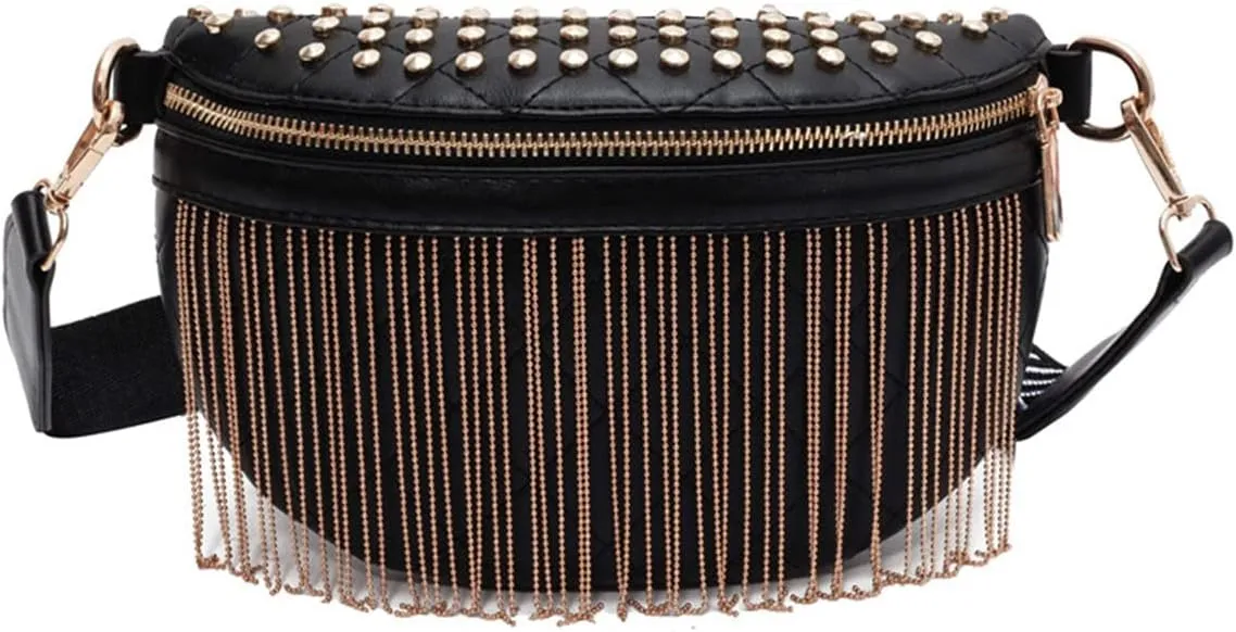 IAMUHI Women Vegan Leather Cross Chest Bag Rivets Fringed Shoulder Handbag Purse Waist Bag,Gold Tassel