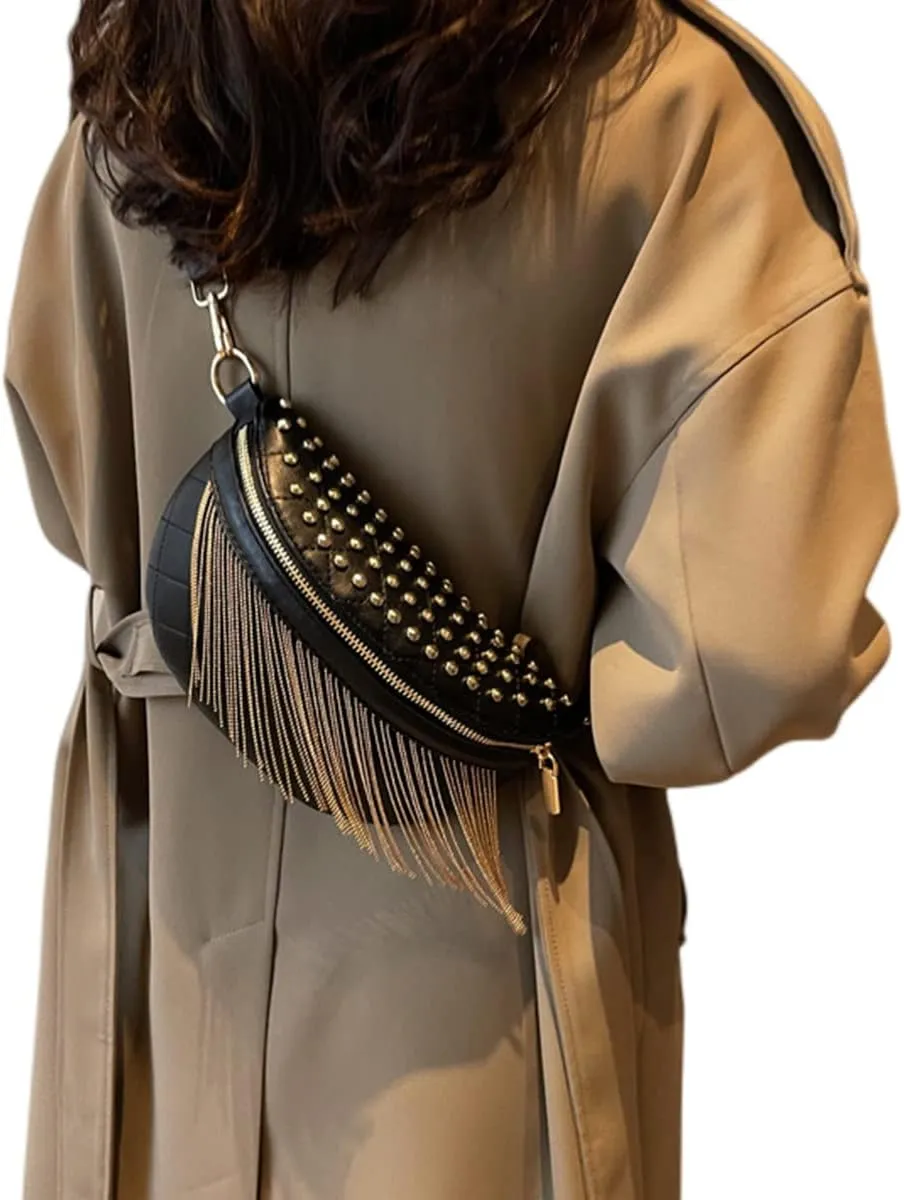 IAMUHI Women Vegan Leather Cross Chest Bag Rivets Fringed Shoulder Handbag Purse Waist Bag,Gold Tassel