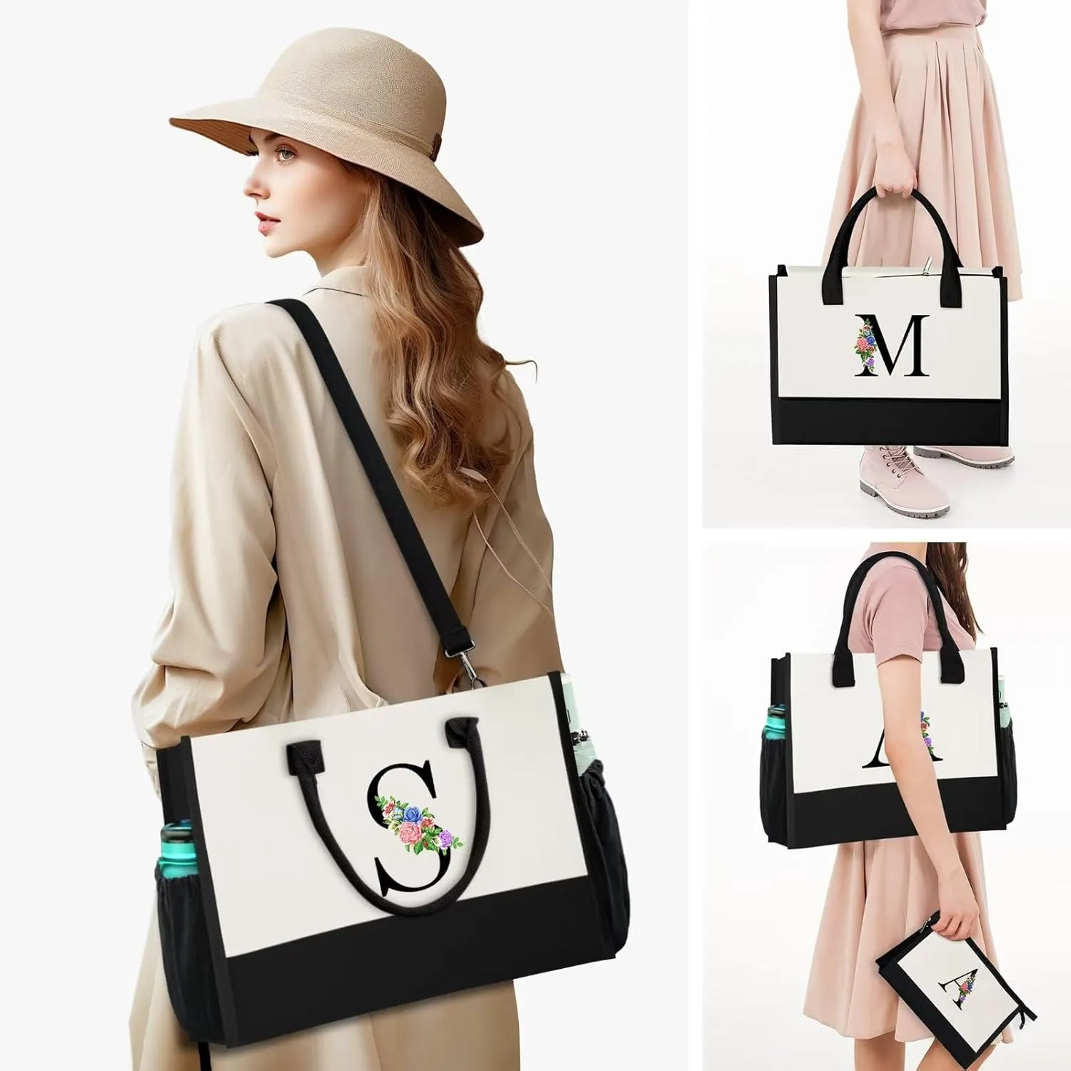 Initials Canvas Tote Bag & Makeup Bag with Zipper Pocket Adjustable Strap, Personalized Birthday Gift for Women