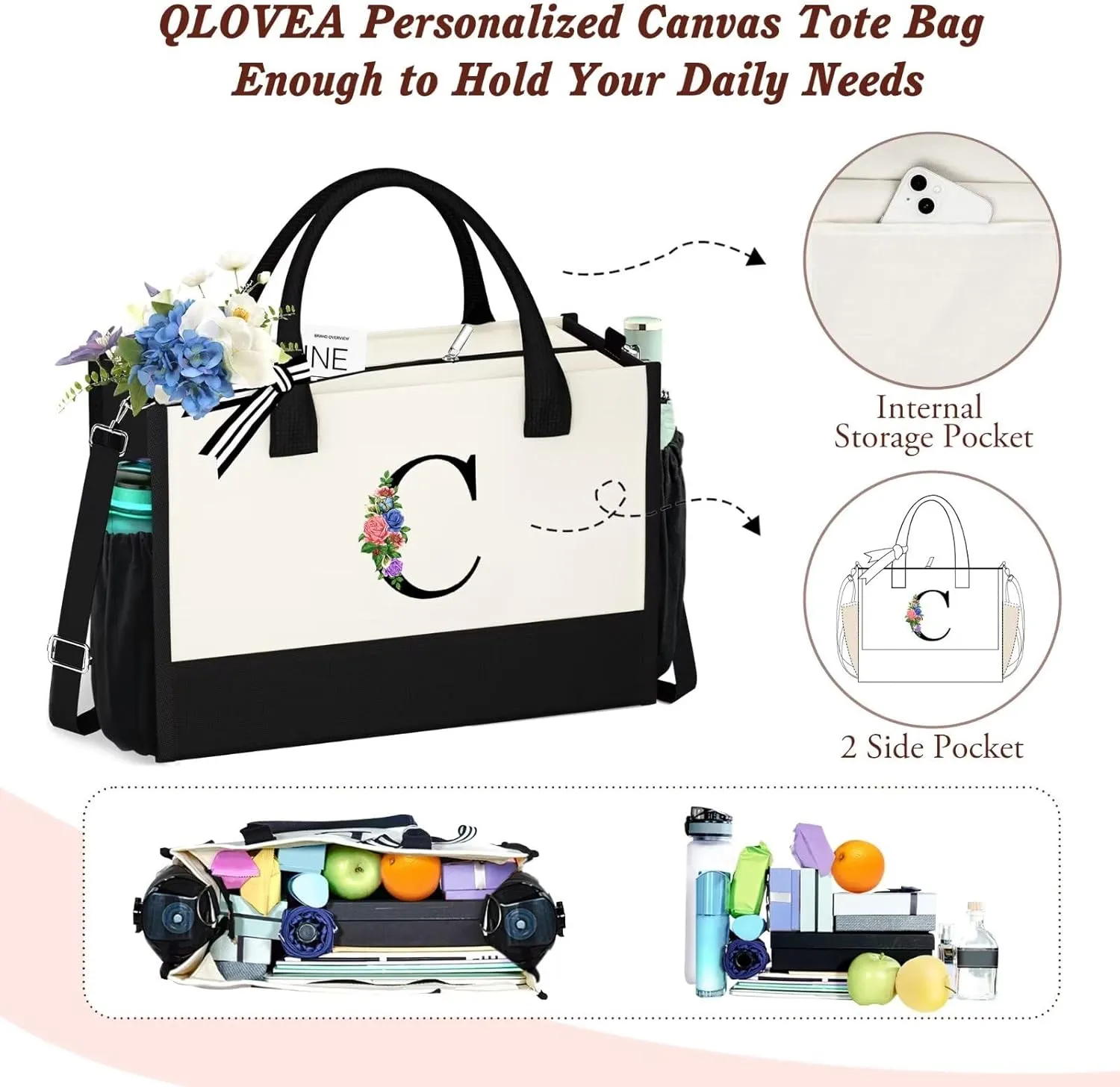 Initials Canvas Tote Bag & Makeup Bag with Zipper Pocket Adjustable Strap, Personalized Birthday Gift for Women