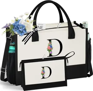 Initials Canvas Tote Bag & Makeup Bag with Zipper Pocket Adjustable Strap, Personalized Birthday Gift for Women