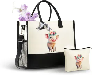 InnoBeta Pig Gifts for Women Canvas Tote Bag, Pig Gifts Tote with Top Zipper Closure and Shoulder Strap for Birthday, Mother's Day, Christmas