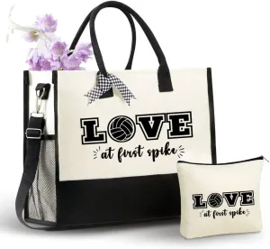 InnoBeta Volleyball Gifts Canvas Tote Bag for Teens Girls, Volleyball Bag with Top Zipper Closure for Lovers, Team, Players on Senior Night, Birthday, Mother's Day, Christmas