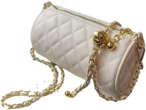 Inspired Cylinder Crossbody Bag for Women | Luxury Quilted Tweed Shoulder Bag with Adjustable Gold Chain Strap & Pearl