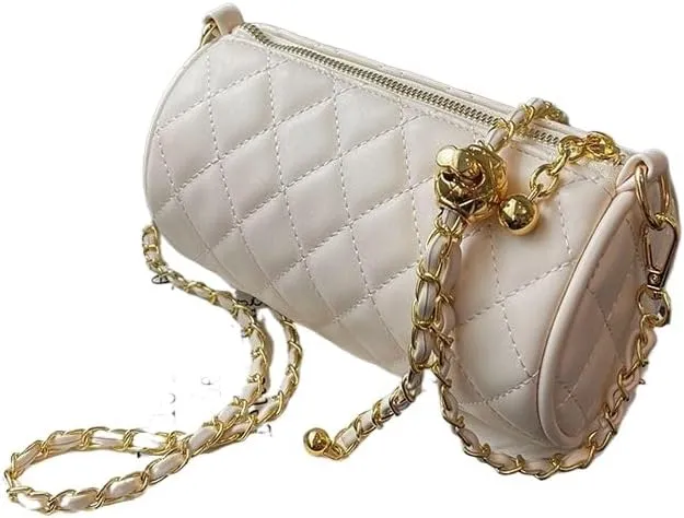 Inspired Cylinder Crossbody Bag for Women | Luxury Quilted Tweed Shoulder Bag with Adjustable Gold Chain Strap & Pearl