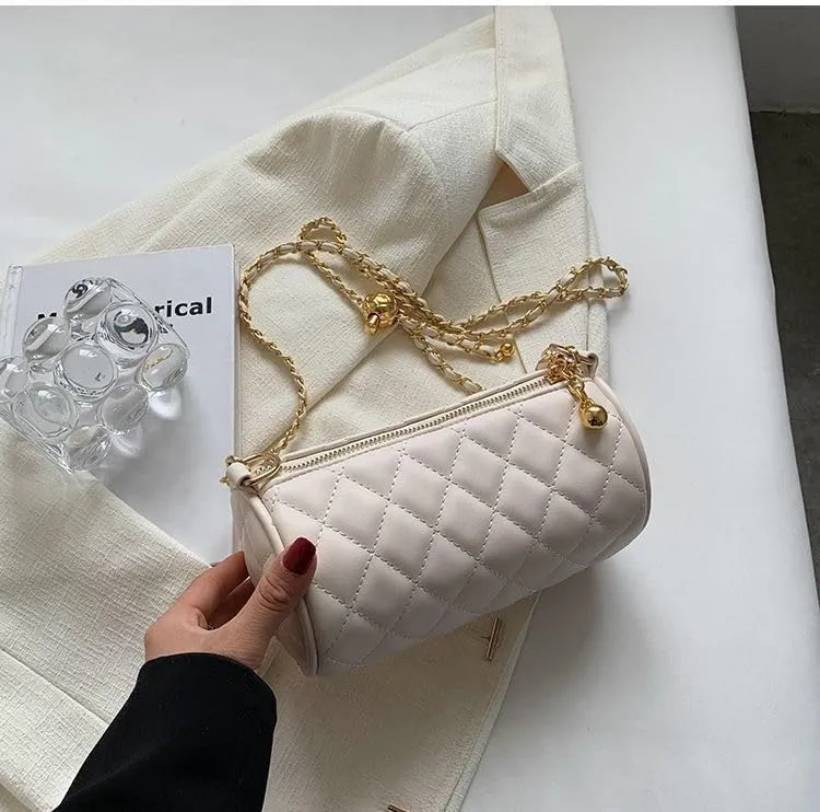 Inspired Cylinder Crossbody Bag for Women | Luxury Quilted Tweed Shoulder Bag with Adjustable Gold Chain Strap & Pearl