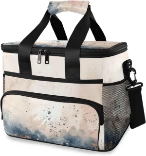 Insulated Cooler Bag 24 Cans Large Capacity Lunch Box-Grey Blue Watercolor Print Leak Proof with Shoulder Strap for Camping Picnic