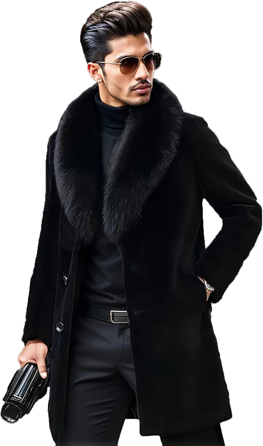 INVACHI Men's Faux Fur Coat Winter Long Faux Mink Coat Fluffy Thick Trench Coat for Men