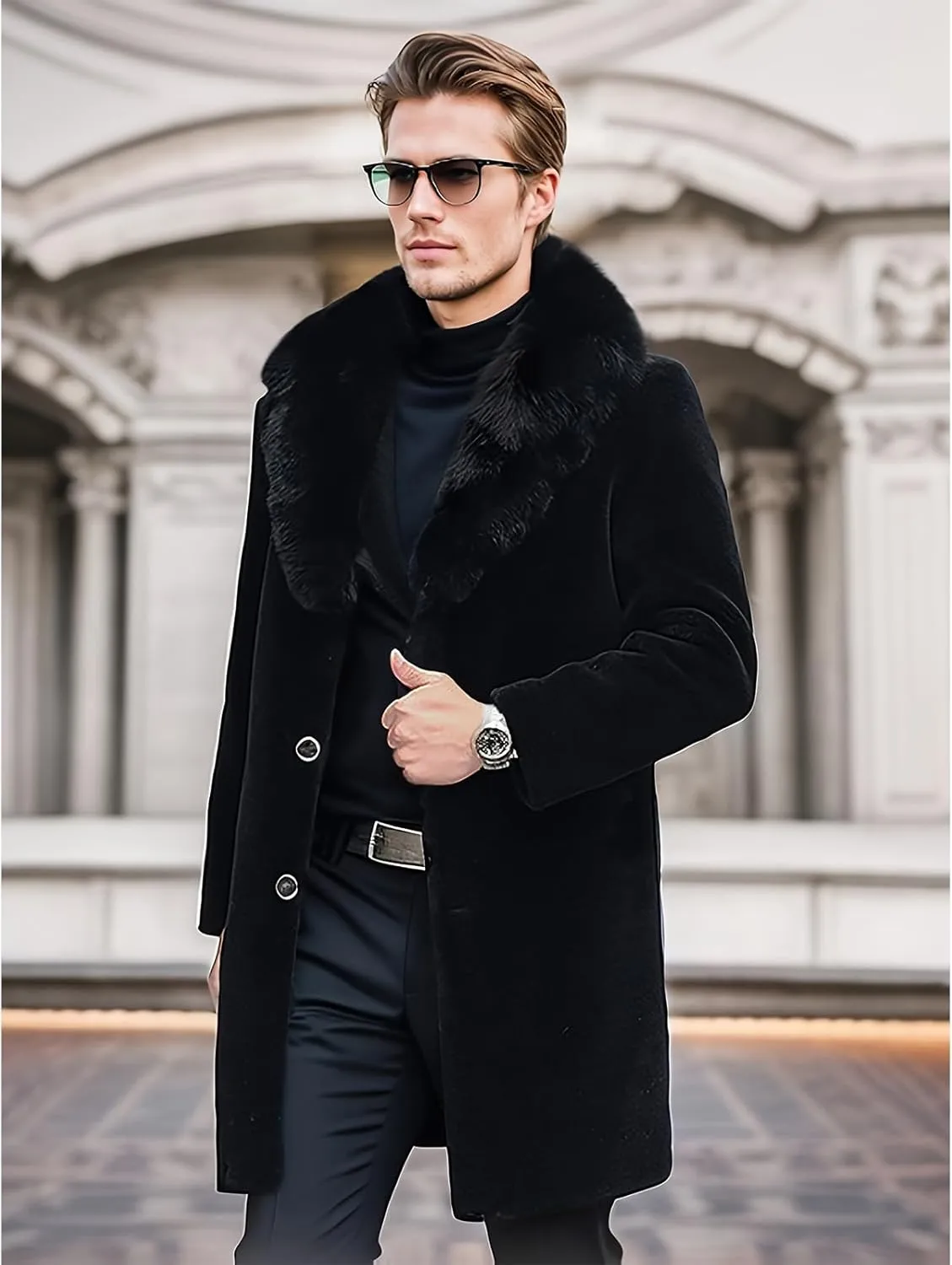 INVACHI Men's Faux Fur Coat Winter Long Faux Mink Coat Fluffy Thick Trench Coat for Men
