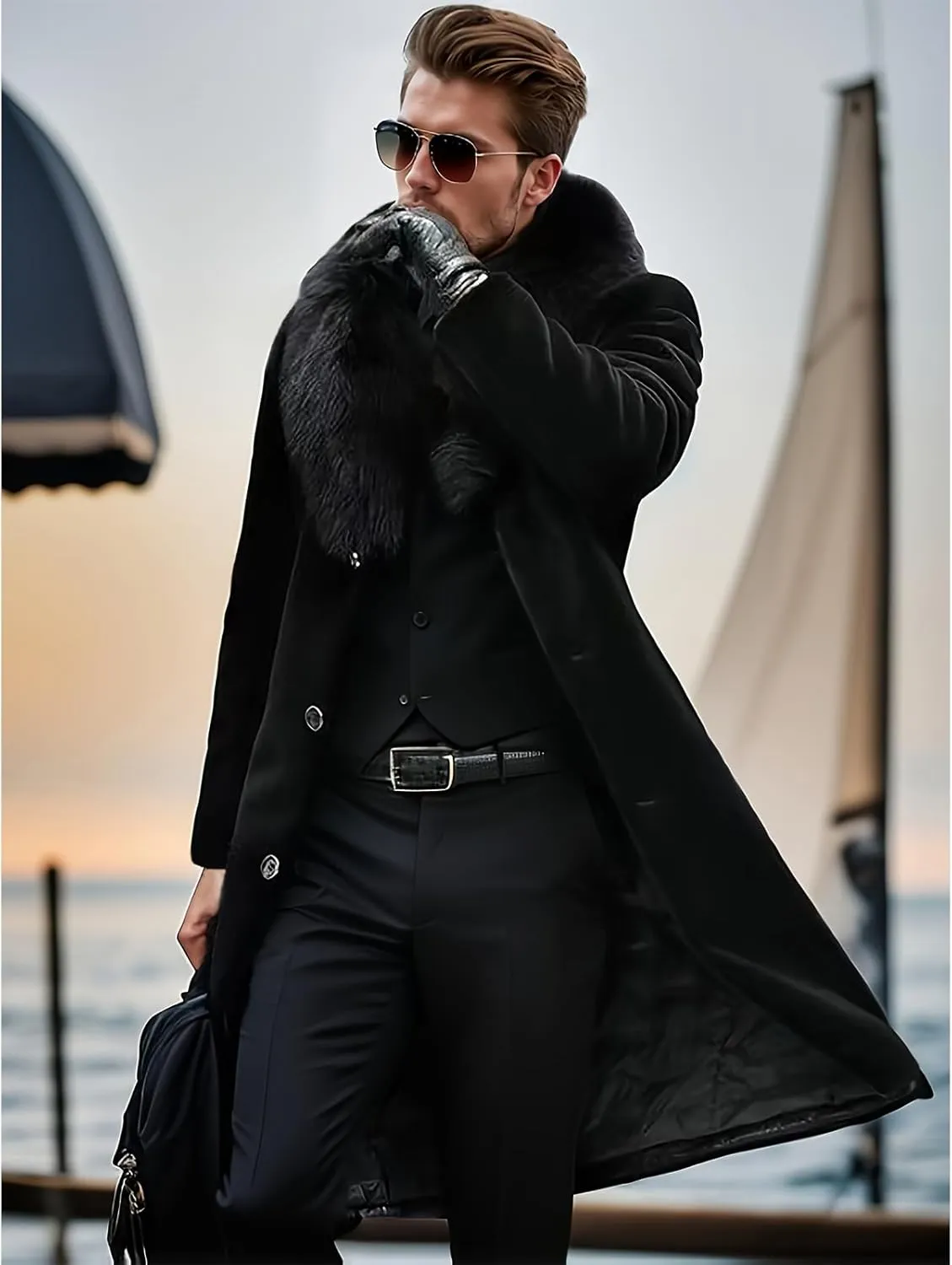 INVACHI Men's Faux Fur Coat Winter Long Faux Mink Coat Fluffy Thick Trench Coat for Men
