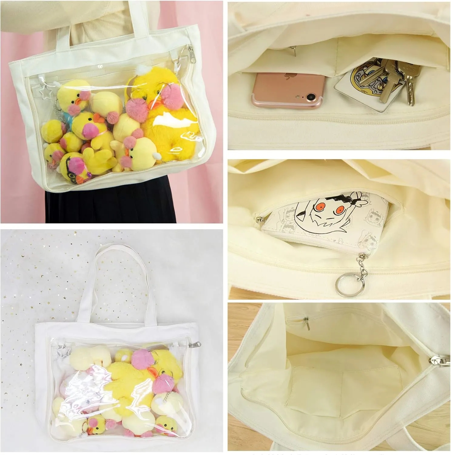 Ita Tote Bag Clear Window for Pins Shoulder Bag Handbag Bag DIY, Cosplay Stachel Tote