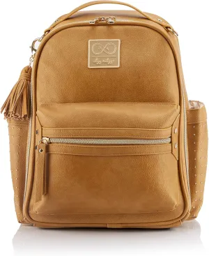 Itzy Ritzy Chelsea   Cole Mini Diaper Bag Backpack - Studded Mini Backpack with Changing Pad, 8 Pockets, Rubber Feet & Tassel - Caramel with Sweetheart Print Interior and Gold Hardware