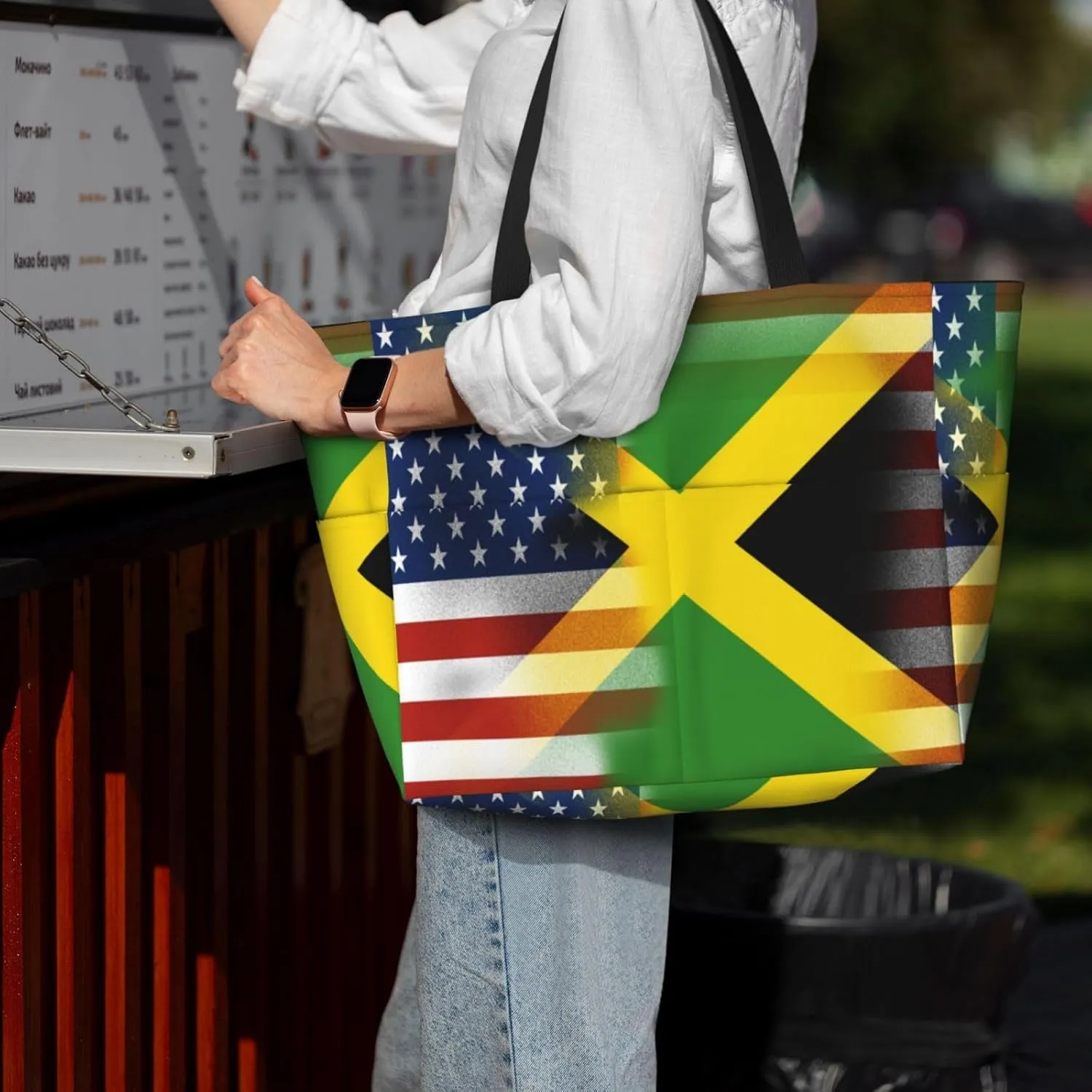 Jamaica With American Tote Bag With 8 Storage Pockets Top Zip Shoulder Bag Handbag For Travel Work Women