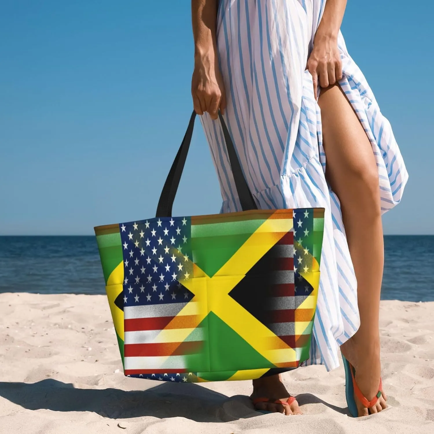 Jamaica With American Tote Bag With 8 Storage Pockets Top Zip Shoulder Bag Handbag For Travel Work Women