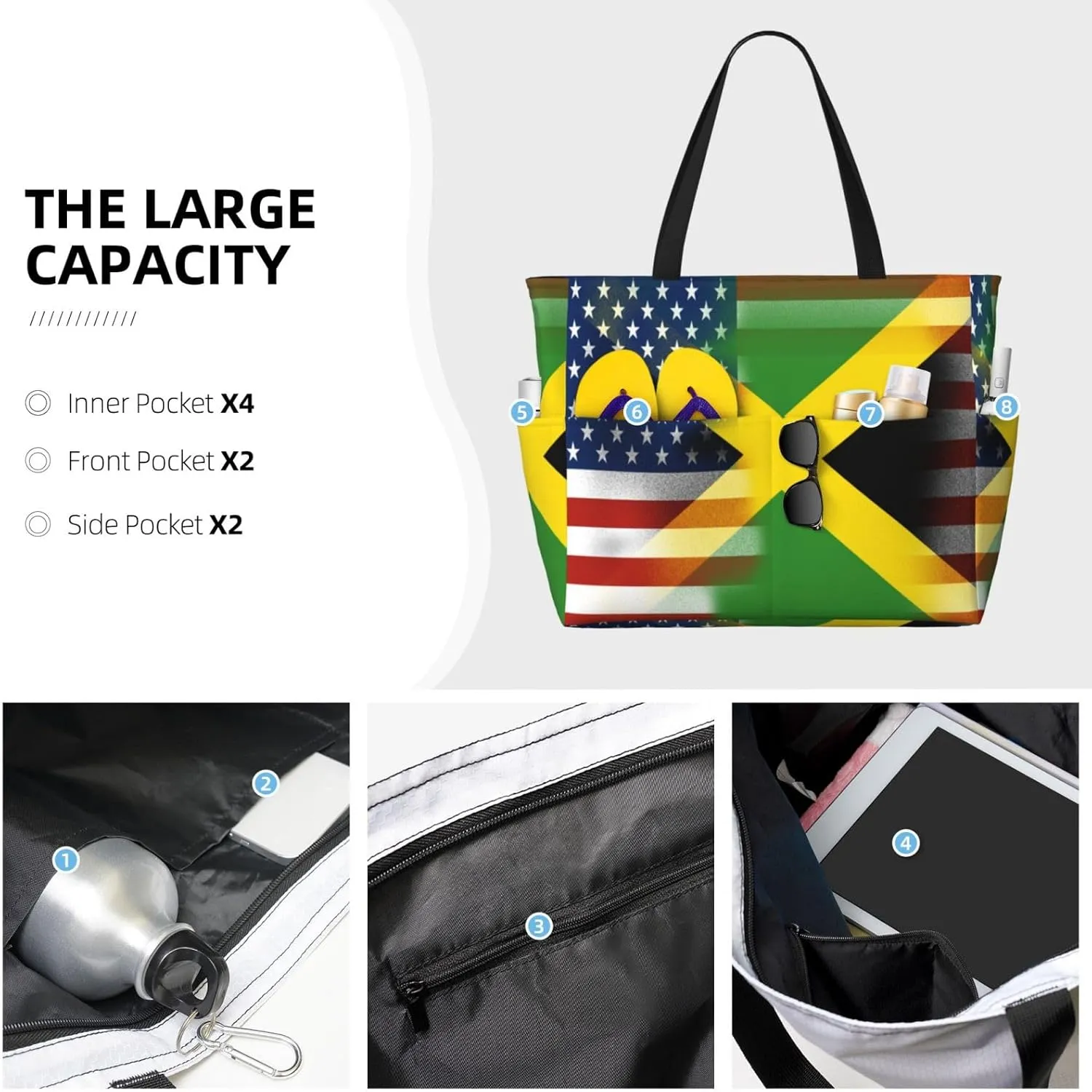 Jamaica With American Tote Bag With 8 Storage Pockets Top Zip Shoulder Bag Handbag For Travel Work Women