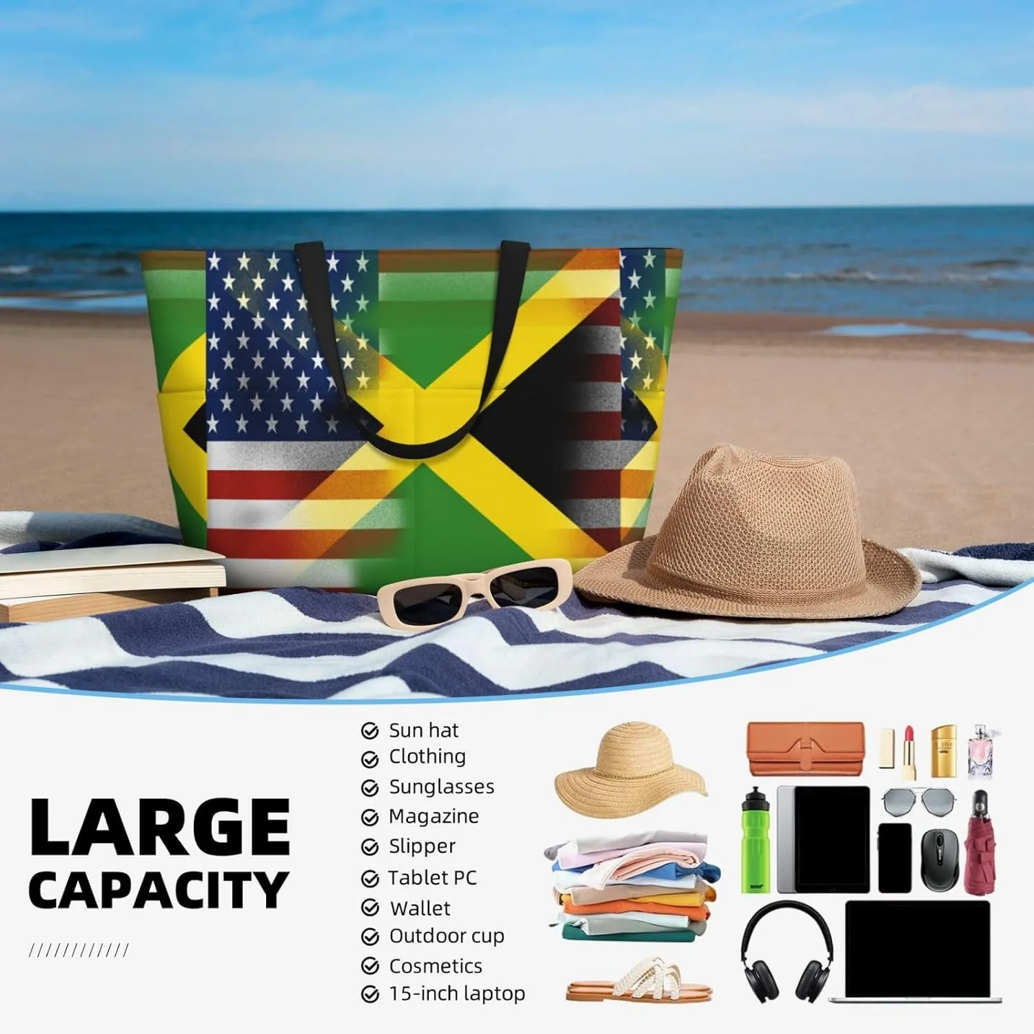 Jamaica With American Tote Bag With 8 Storage Pockets Top Zip Shoulder Bag Handbag For Travel Work Women