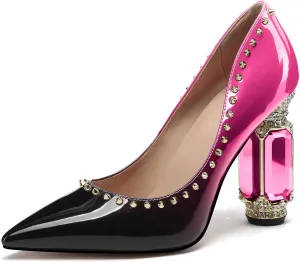 JANSEVEN Women Chunky Heels Pumps Crystal Block Heels with Rhinestones Rivet Pointed Toe Sexy Gradient Patent Leather Slip on Bridal Party Wedding Dress Shoes 5-13 M US