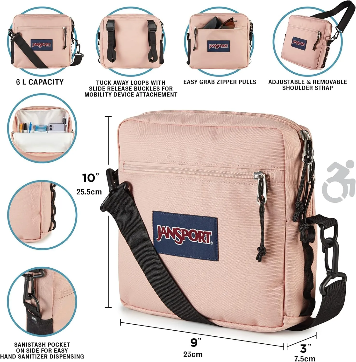 JanSport Central Adaptive Accessory Bag – Wheelchair & Walker Compatible, Versatile Carry Options, Tuck-Away Adjustable Loops, SaniStash Pocket for Easy Access, Black