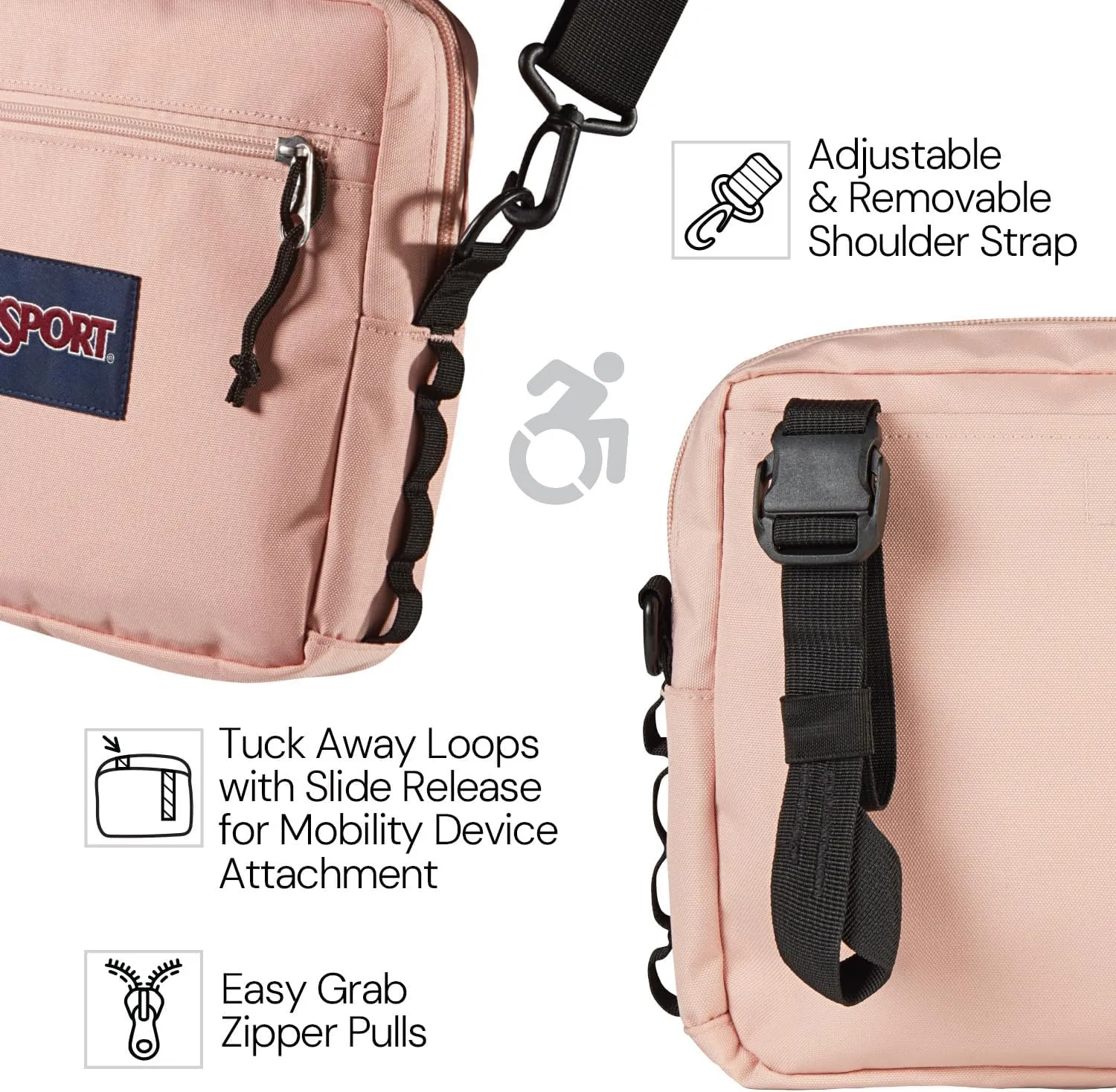 JanSport Central Adaptive Accessory Bag – Wheelchair & Walker Compatible, Versatile Carry Options, Tuck-Away Adjustable Loops, SaniStash Pocket for Easy Access, Black