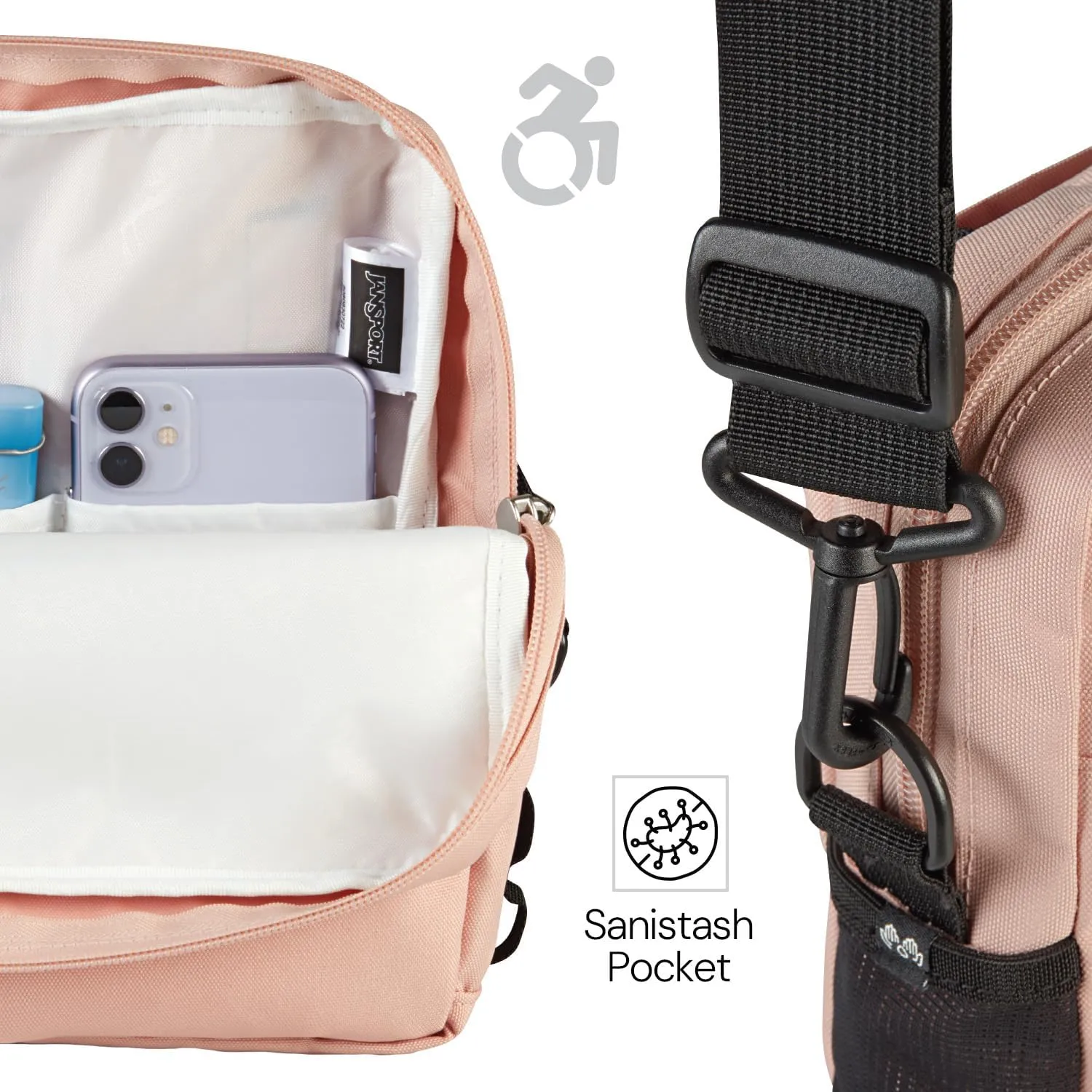 JanSport Central Adaptive Accessory Bag – Wheelchair & Walker Compatible, Versatile Carry Options, Tuck-Away Adjustable Loops, SaniStash Pocket for Easy Access, Blue Dusk
