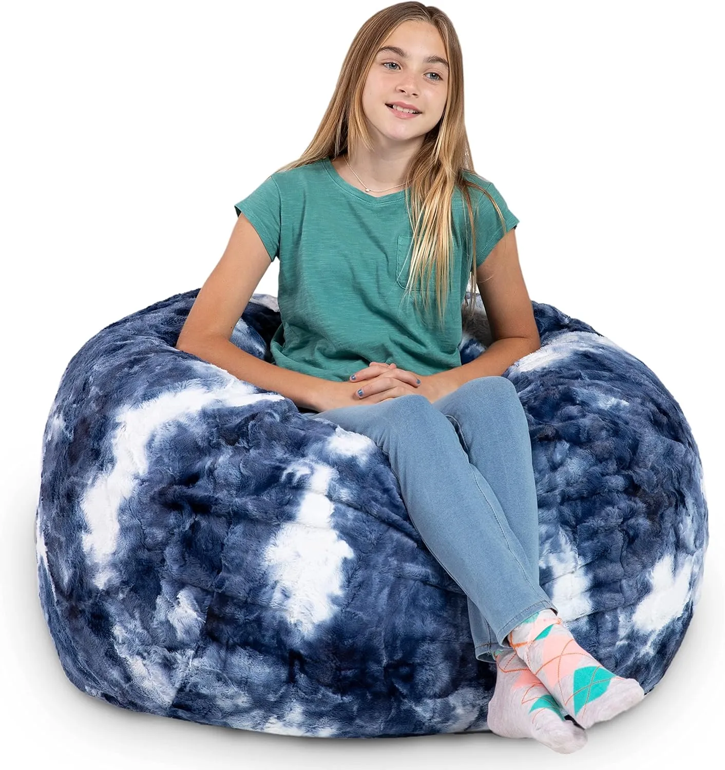 Jaxx Saxx 3 Foot Bean Bag Chair - Faux Fur - Fun Colors, Blue & White Print