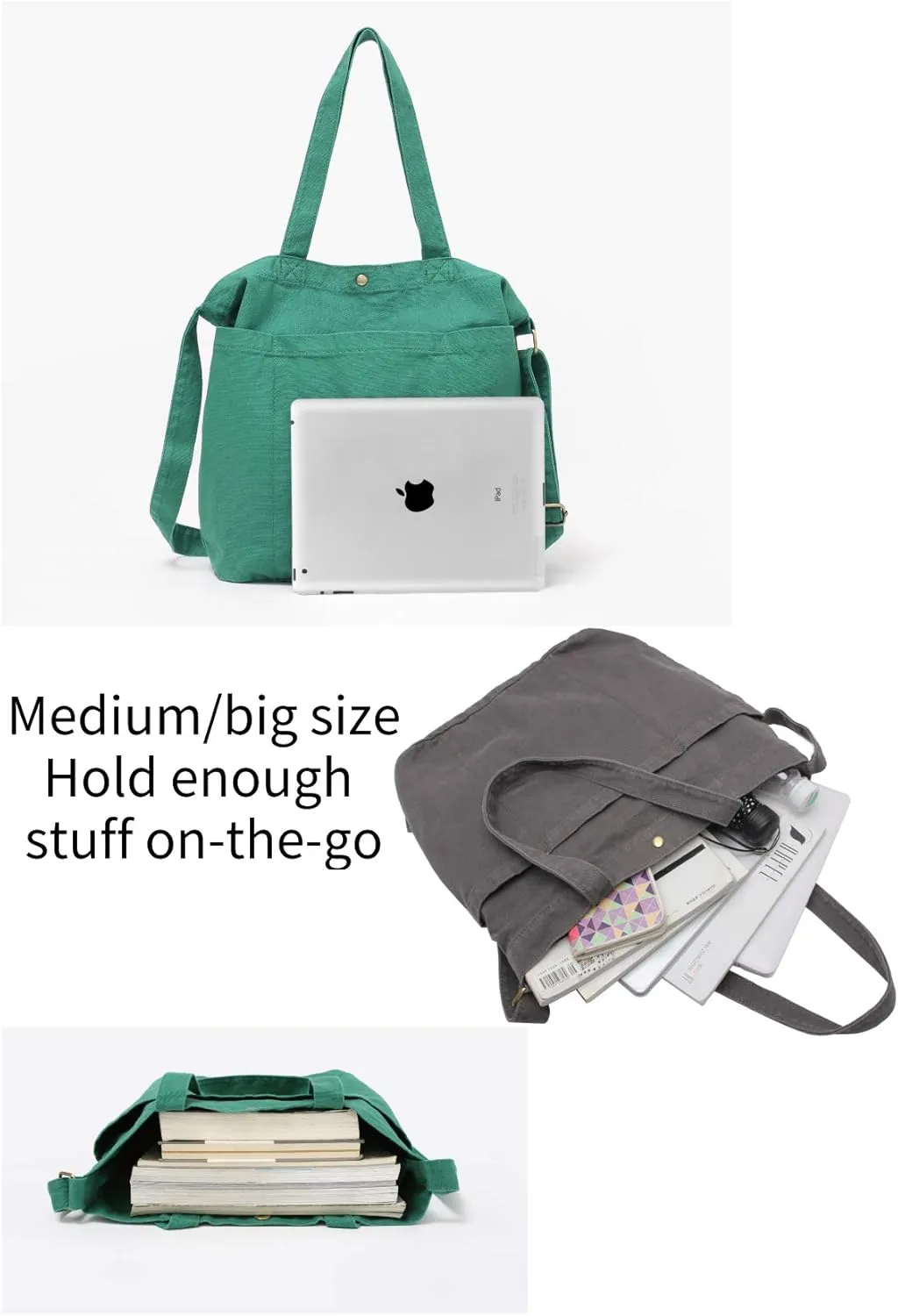 Jeelow Canvas Tote Handbag Shoulder Crossbody Bags Purses With Pockets For Men & Women