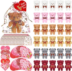 Jerify 148 Pcs Valentine's Day Mini Bear Toy Tiny Keychain Plush Bear with Heart Greeting Cards and Pink Organza Bags Bear Baby Shower Decoration for Valentines Gifts Girl Boy Birthday Party Favors