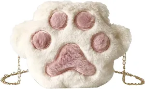 JHVYF Girls Cute Plush Crossbody Bag Kawaii Cat's Paw Shoulder Purse for Women Cell Phone Wallet Handbags White