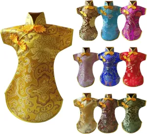 JIANWEI 10pcs Chinese Brocade Dress Wine Bottle Covers, Cheongsam Wine Bottle Gifts Bags, China Dress Champagne Bags for Party Wedding Christmas Decorations, Table Decor (Colorful)