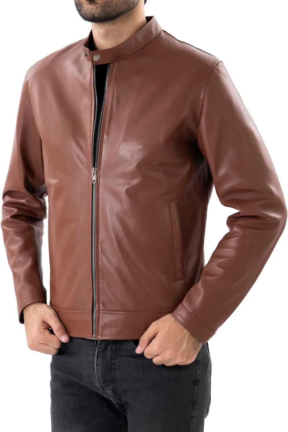 Jild Classical Single Piece Lambskin Leather Jacket Men - Everyday Wear Snap Tab Collar Men’s Motorcycle Leather Jacket