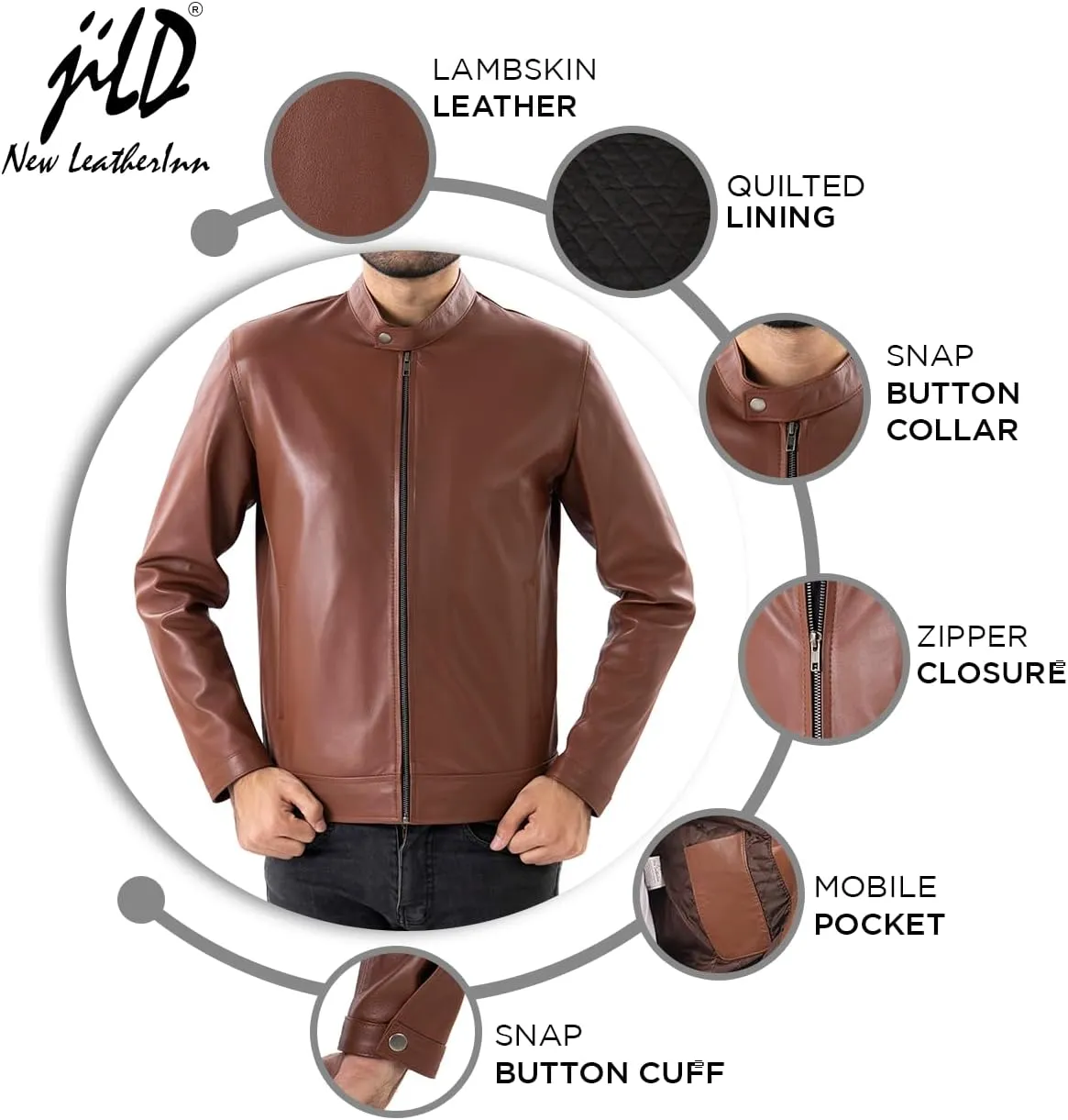 Jild Classical Single Piece Lambskin Leather Jacket Men - Everyday Wear Snap Tab Collar Men’s Motorcycle Leather Jacket
