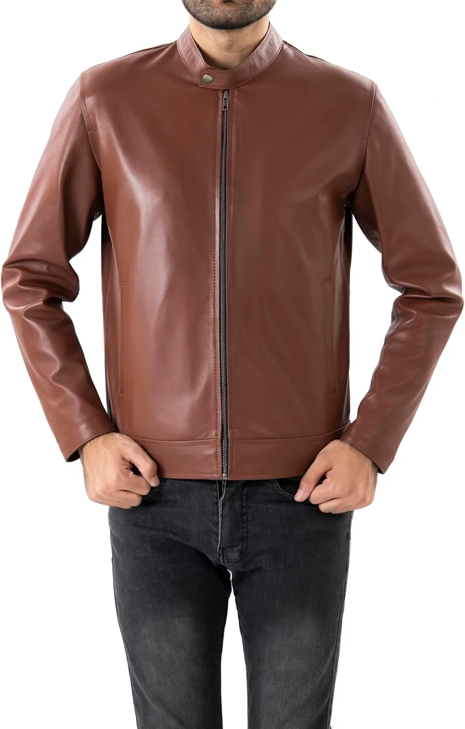 Jild Classical Single Piece Lambskin Leather Jacket Men - Everyday Wear Snap Tab Collar Men’s Motorcycle Leather Jacket