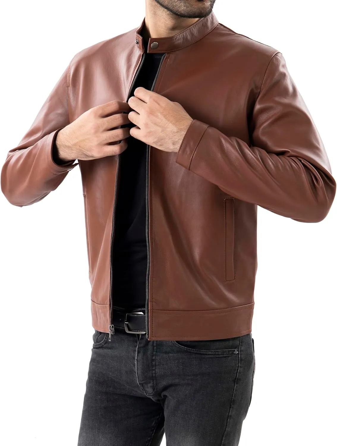 Jild Classical Single Piece Lambskin Leather Jacket Men - Everyday Wear Snap Tab Collar Men’s Motorcycle Leather Jacket