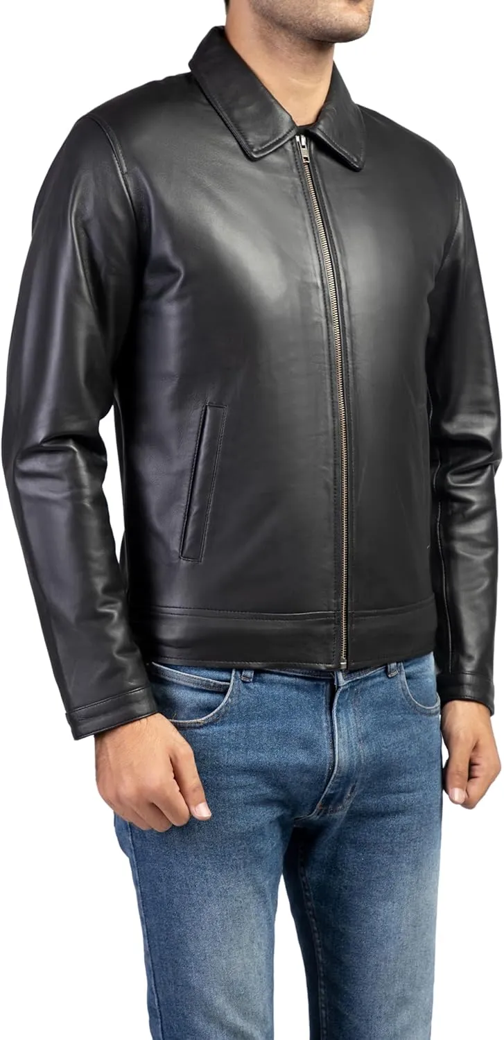Jild Polo Collar Premium Leather Jacket Men - Old School Classic Style Everyday Wear Real Lambskin Mens Leather Jacket