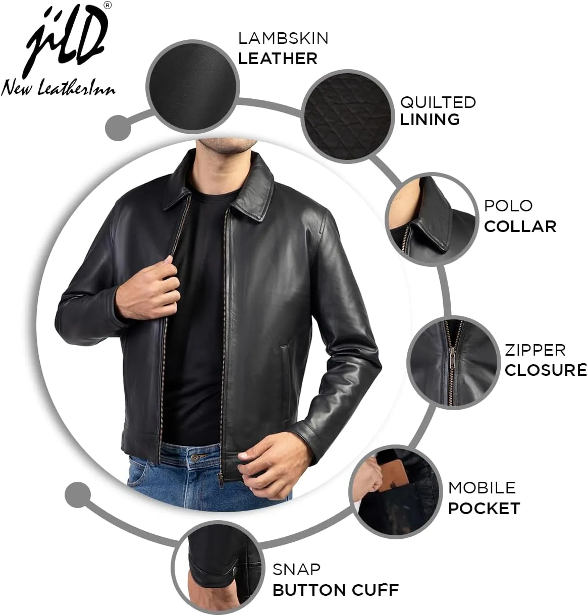 Jild Polo Collar Premium Leather Jacket Men - Old School Classic Style Everyday Wear Real Lambskin Mens Leather Jacket
