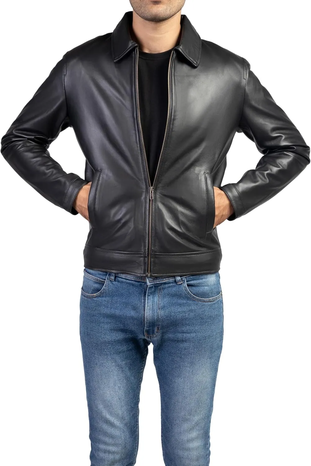 Jild Polo Collar Premium Leather Jacket Men - Old School Classic Style Everyday Wear Real Lambskin Mens Leather Jacket